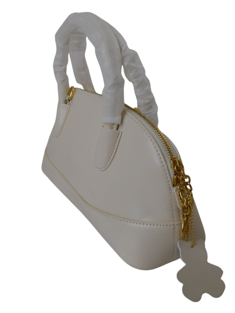 Dome Style Satchel handbag with detachable strap cream color faux leather